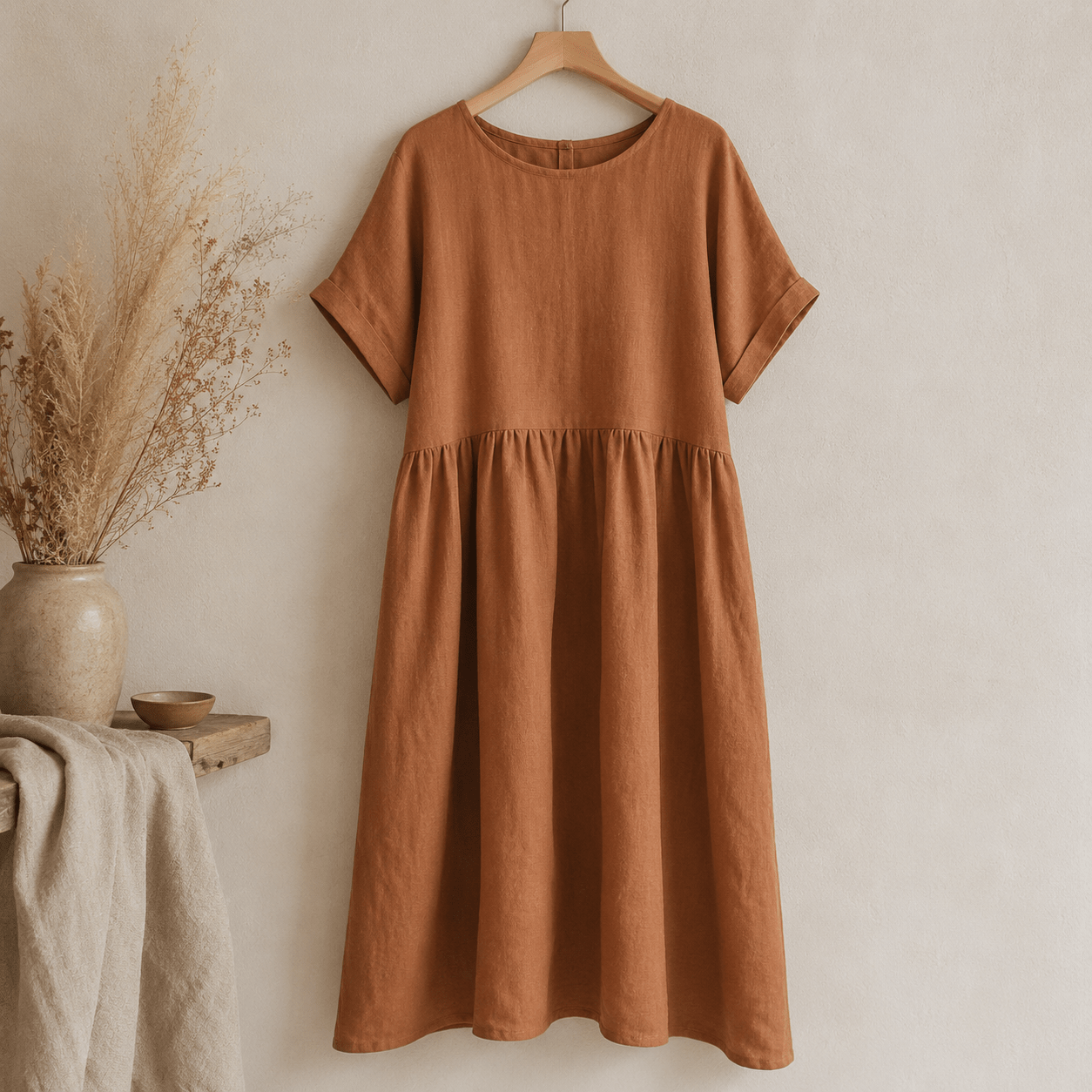 Image de tissu de lin assoupli couleur cognac 100 %, 165 g/m² – disponible chez Šarlotes audumi