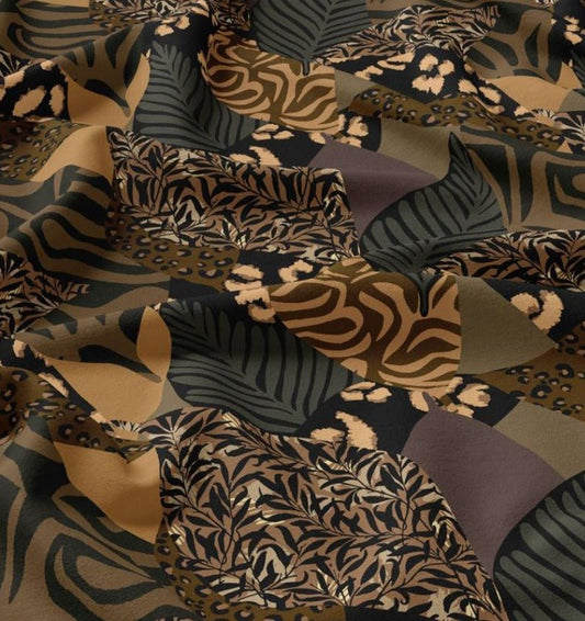 Attēls ar 100% Viskozes audums - brūns raibs motīvs 120 g/m² – pieejams Šarlotes audumi