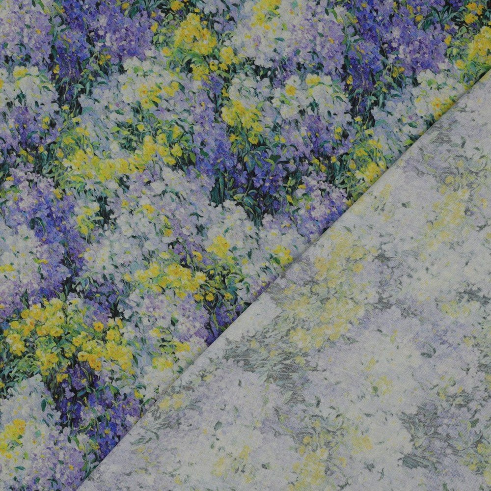 Attēls ar 100% Viskozes audums - ceriņi un mimozas 135 g/m² – pieejams Šarlotes audumi