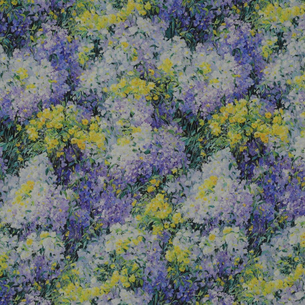 Attēls ar 100% Viskozes audums - ceriņi un mimozas 135 g/m² – pieejams Šarlotes audumi