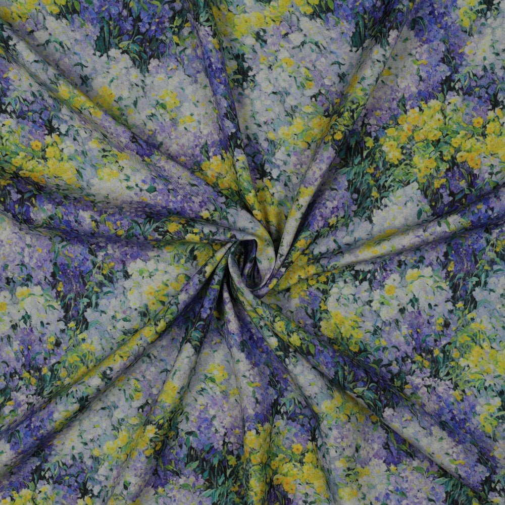 Attēls ar 100% Viskozes audums - ceriņi un mimozas 135 g/m² – pieejams Šarlotes audumi