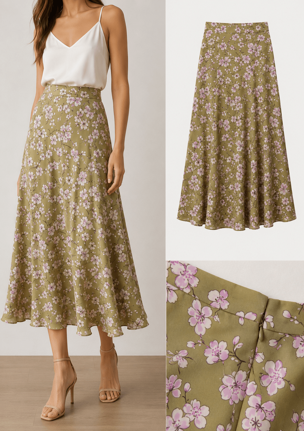 Image avec tissu 100 % viscose à fleurs de cerisier sur fond vert pistache, 100 g/m² – disponible chez Šarlotes audumi