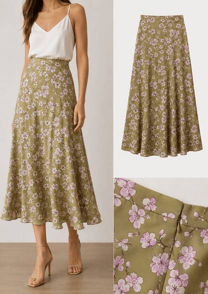 Image avec tissu 100 % viscose à fleurs de cerisier sur fond vert pistache, 100 g/m² – disponible chez Šarlotes audumi