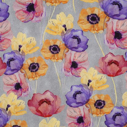 Image avec tissu 100 % viscose, coquelicots colorés sur fond gris 135 g/m² – disponible chez Šarlotes audumi