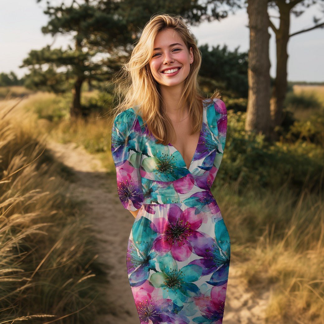 100 % Viskosegewebe LENZING™ ECOVERO™ – violette und türkisblaue Blumen – online erhältlich bei Charlottes Stoffe