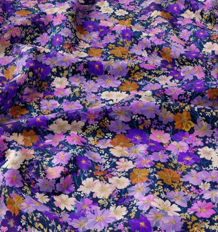 Image of 100% viscose fabric - lilac flowers 125 g/m² – available at Šarlotes audumi