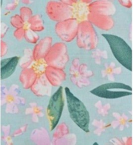 Attēls ar 100% Viskozes audums - puķes uz mint fona 135 g/m² – pieejams Šarlotes audumi