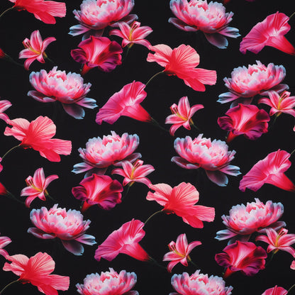 tissu en viscose 100 % - fleurs roses sur fond noir 110 g/m²