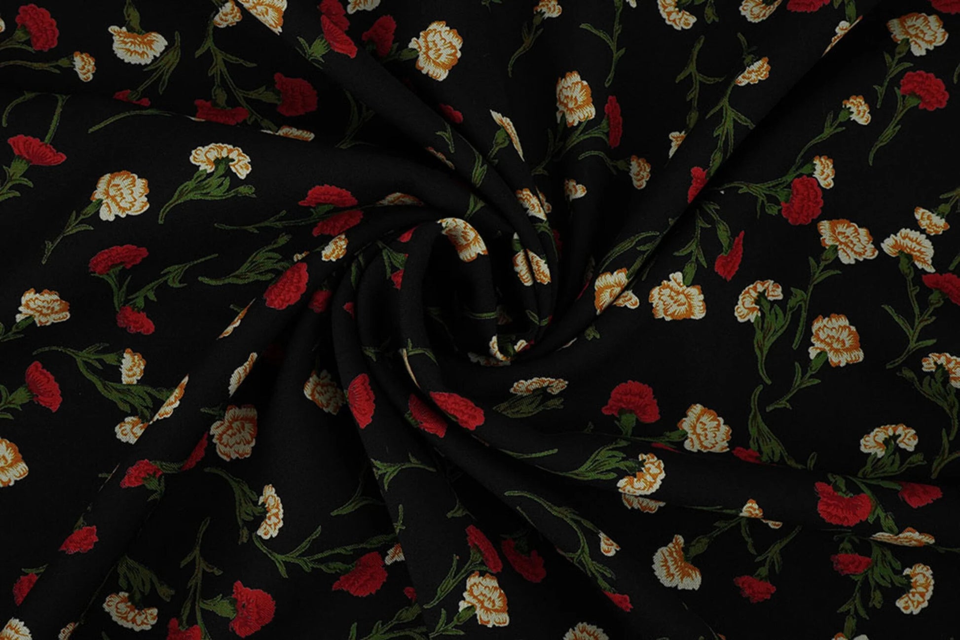Image of 100% viscose fabric - delicate red flowers 115 g/m² – available at Šarlotes audumi