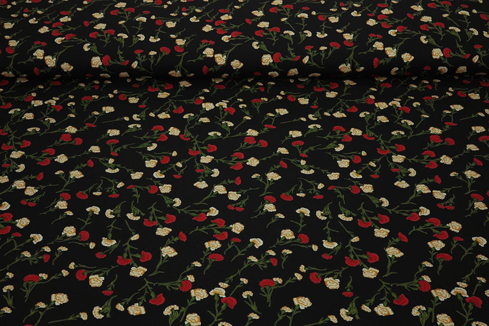 Image with 100% viscose fabric - delicate red little flowers 115 g/m² – available at Šarlotes audumi