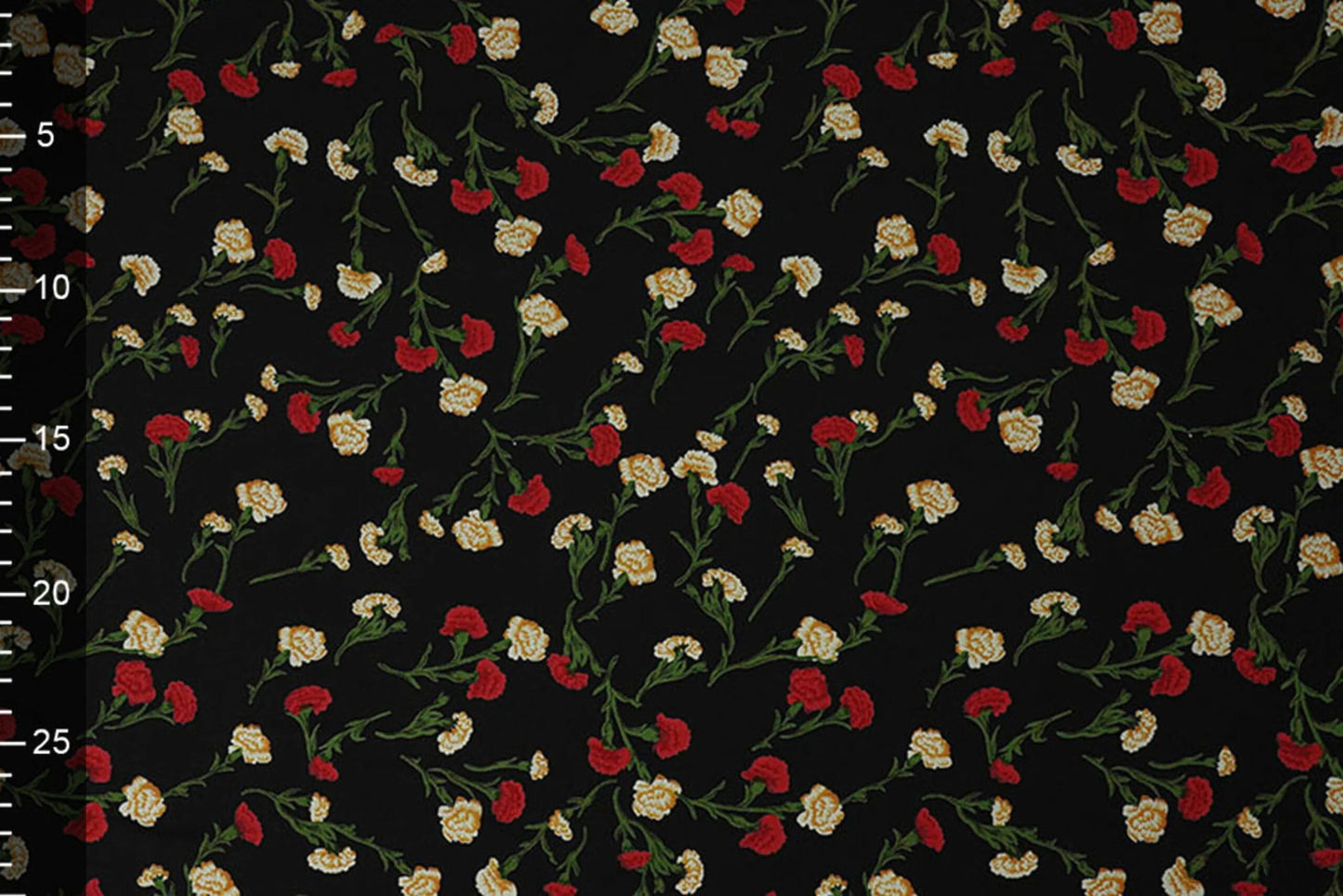 Image with 100% viscose fabric - delicate red flowers 115 g/m² – available at Šarlotes audumi
