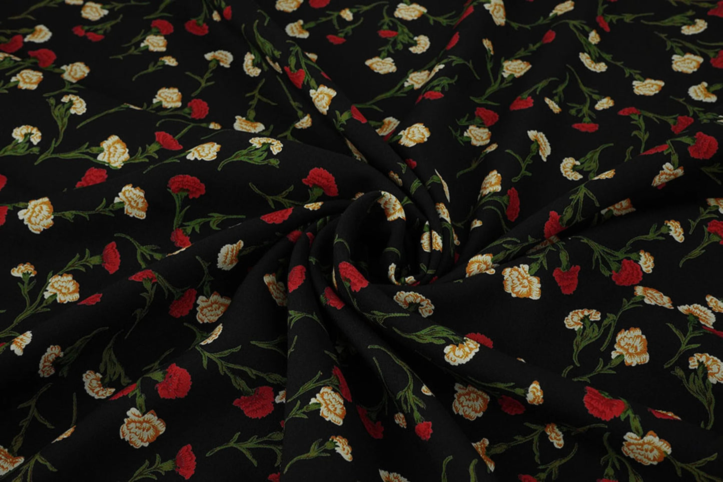Image with 100% viscose fabric - small red flowers 115 g/m² – available at Šarlotes audumi