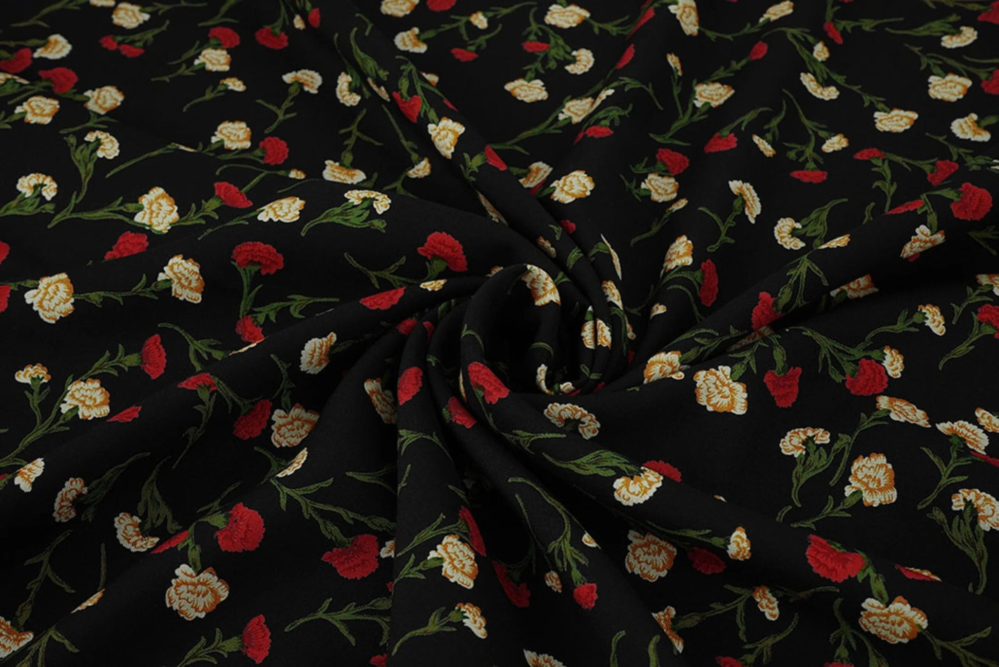 Image with 100% viscose fabric - small red flowers 115 g/m² – available at Šarlotes audumi