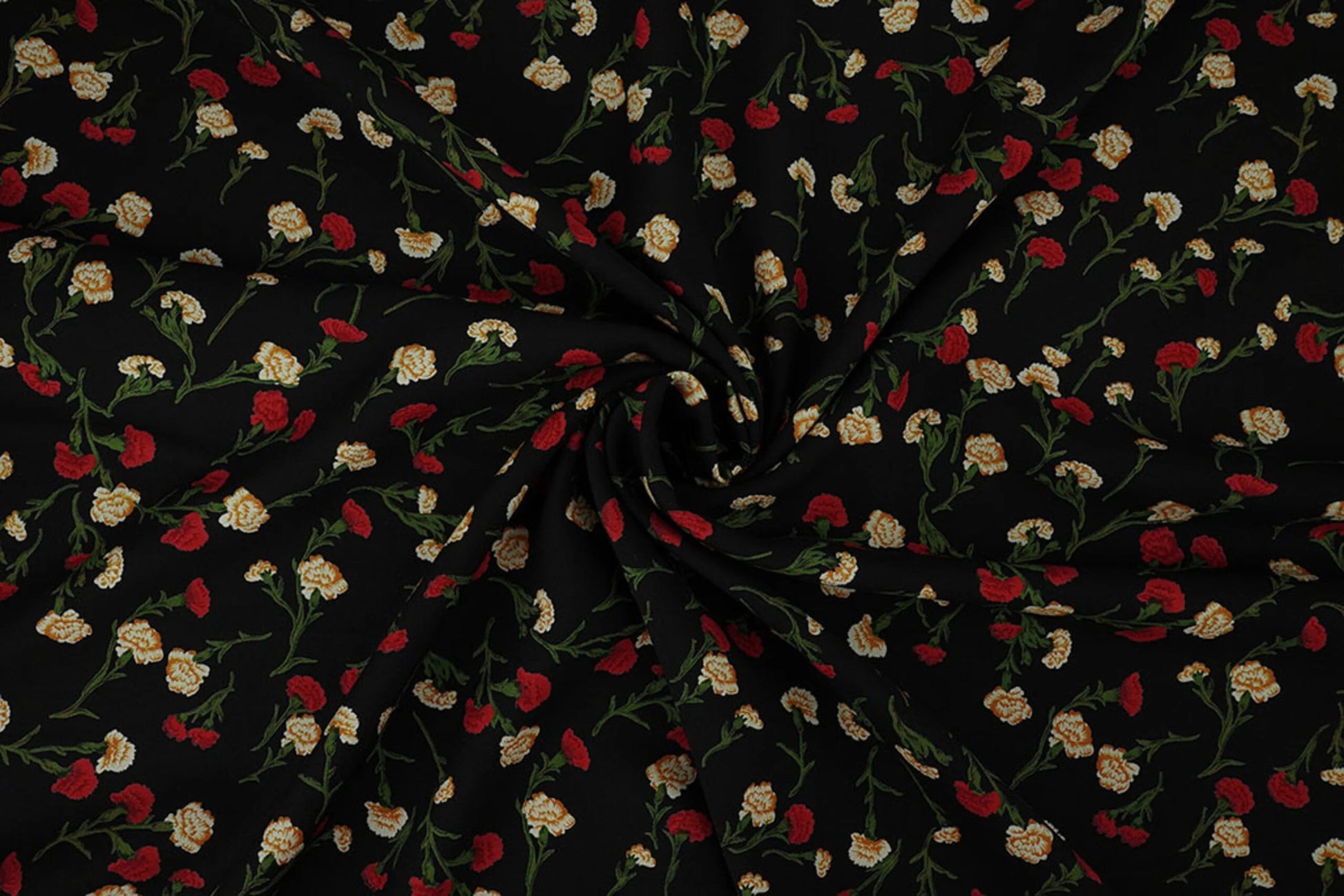 Image with 100% viscose fabric - delicate red flowers 115 g/m² – available at Šarlotes audumi
