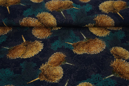 Image avec tissu 100 % viscose – pissenlits dorés sur fond bleu foncé 115 g/m² – disponible chez Šarlotes audumi