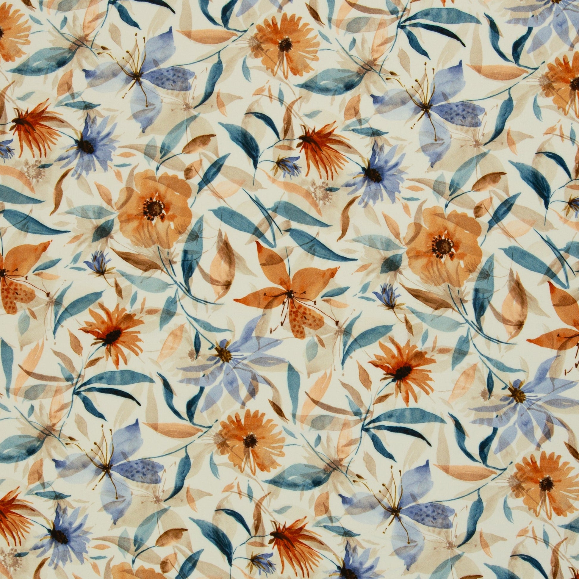 Image of 100% viscose fabric with blue and orange floral motif – available online at Charlotte's Fabrics