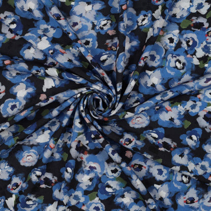 Tissu 100 % viscose à motif floral bleu 135 g/m²