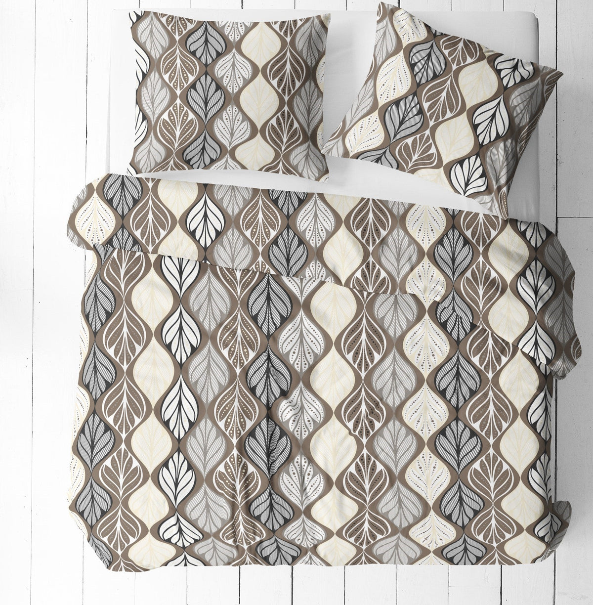 100% Baumwollstoff mit beige-grauem Blattmuster