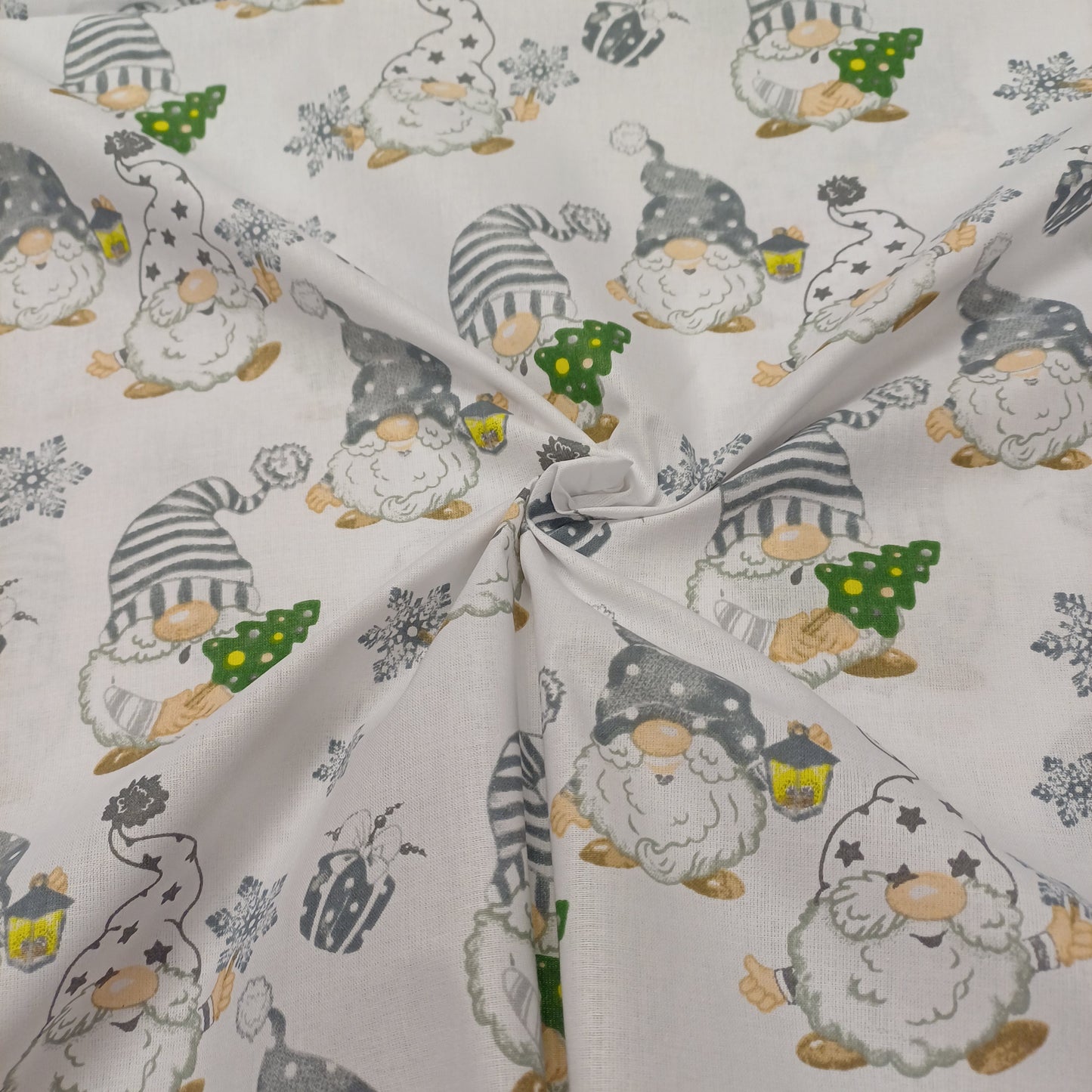 100% Cotton fabric - dwarfs with a fir tree on a white background 130 g/m²