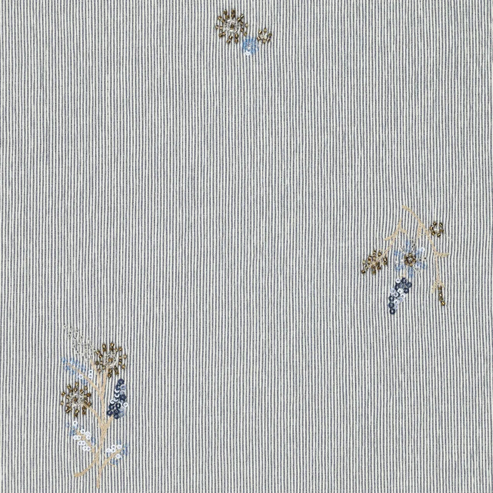 shirt fabric with elastane, blue striped with embroidered beads 135 g/m²