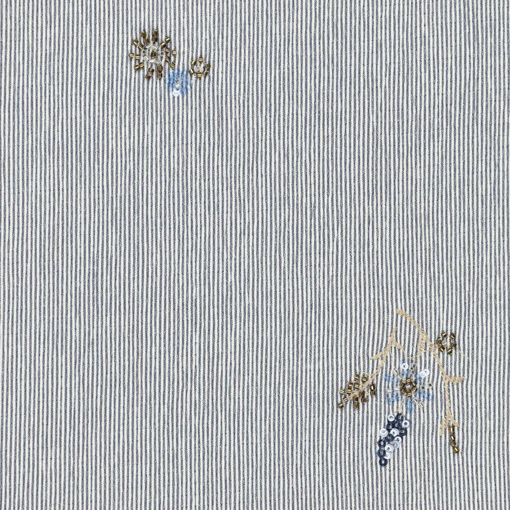 shirt fabric with elastane, blue striped with embroidered beads 135 g/m²