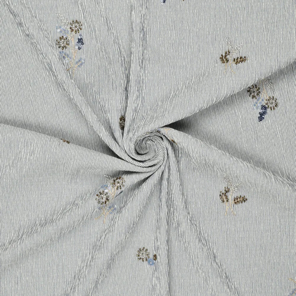 shirt fabric with elastane, blue striped with embroidered beads 135 g/m²