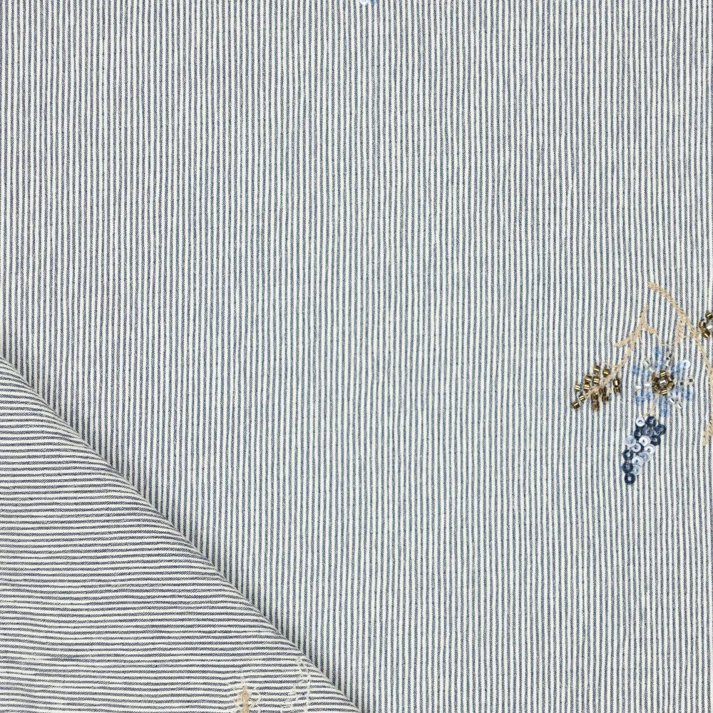 shirt fabric with elastane, blue striped with embroidered beads 135 g/m²