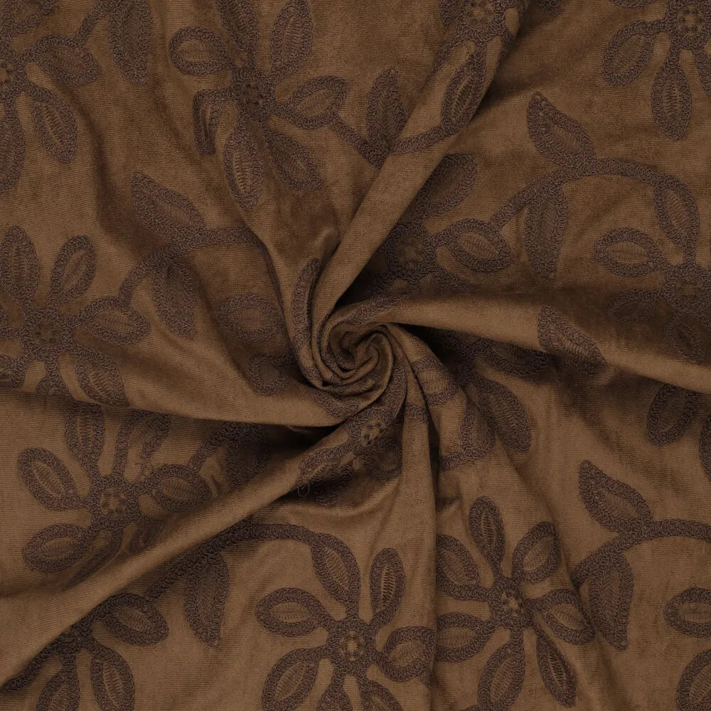 Wildlederstoff mit gesticktem Blumenmuster - braun 310 g/m²