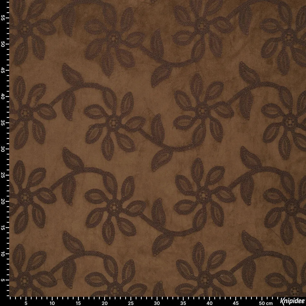 Wildlederstoff mit gesticktem Blumenmuster - braun 310 g/m²