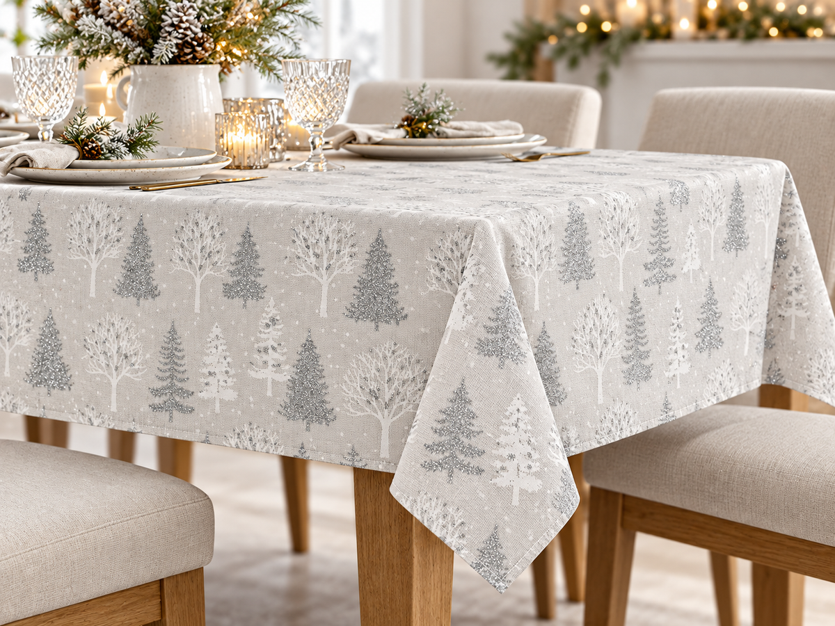 Weihnachtlicher Canvas-Stoff mit glitzernden Tannenbäumen – hellgrau