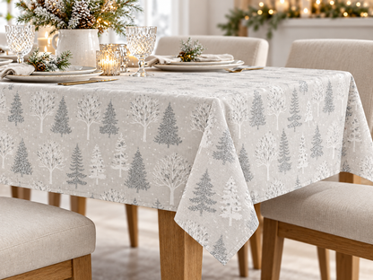 Weihnachtlicher Canvas-Stoff mit glitzernden Tannenbäumen – hellgrau