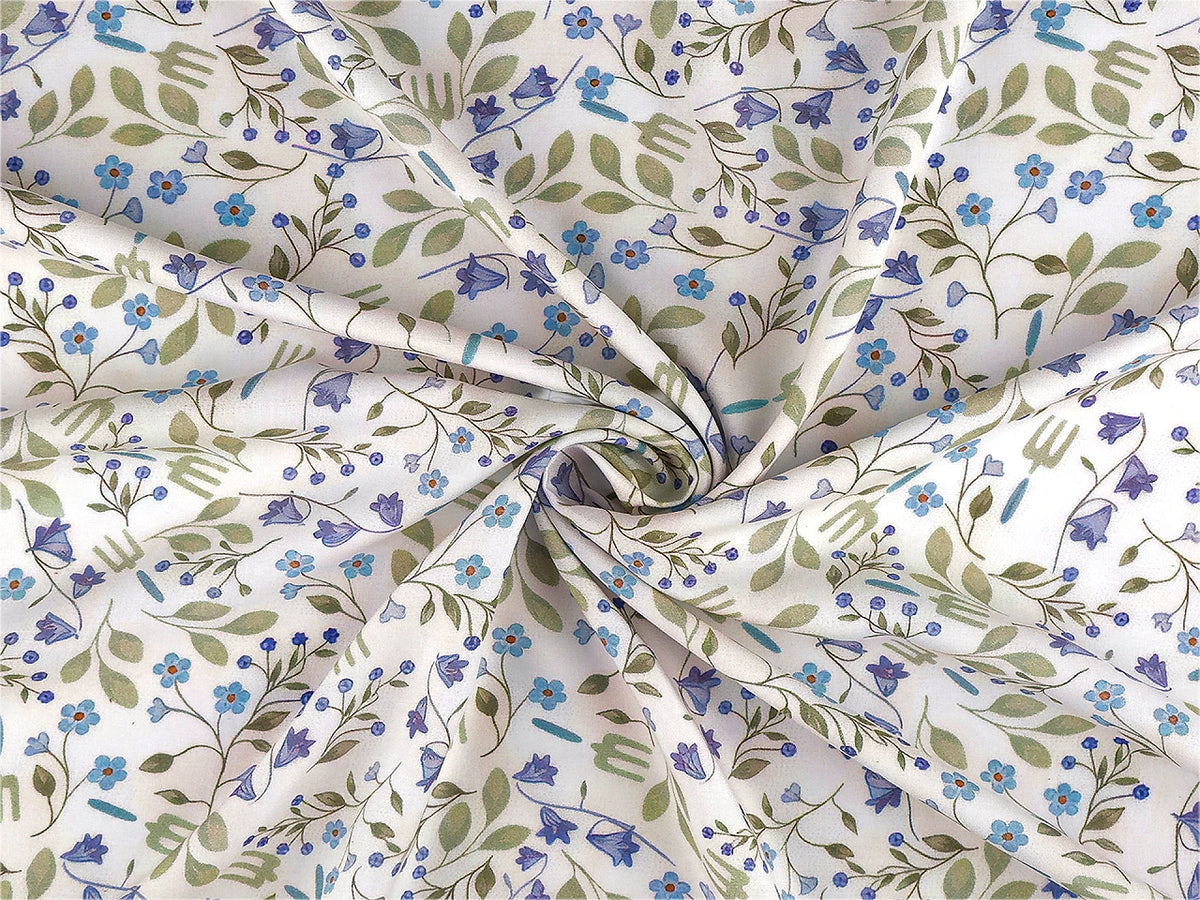 Premium dünner 100% Baumwollstoff - blaue Blumen