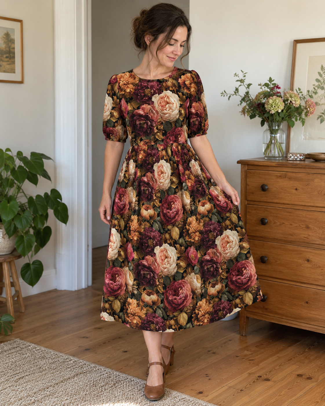 Viskose-Gabardine-Stoff – Pfingstrosen und Rosen