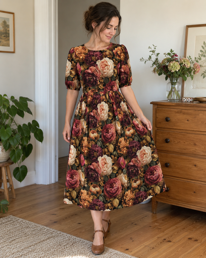 Viskose-Gabardine-Stoff – Pfingstrosen und Rosen