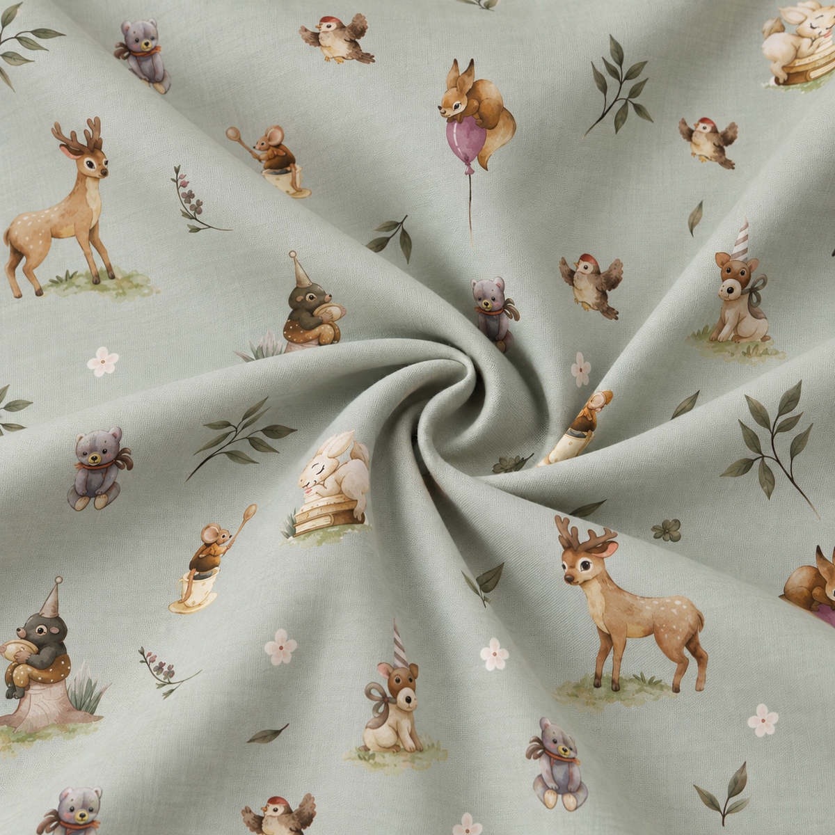 100% Baumwollflanell mit Blumen auf grüngrauem Hintergrund