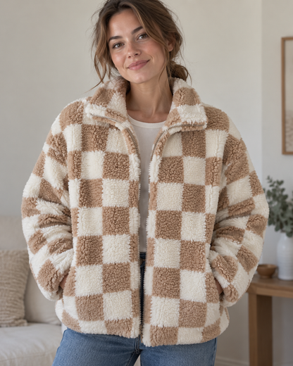 Teddy-Fleece mit beigen Karos
