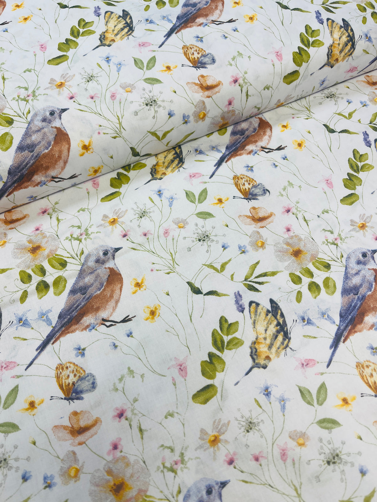 100 % Baumwollstoff – Wiese und Vogel