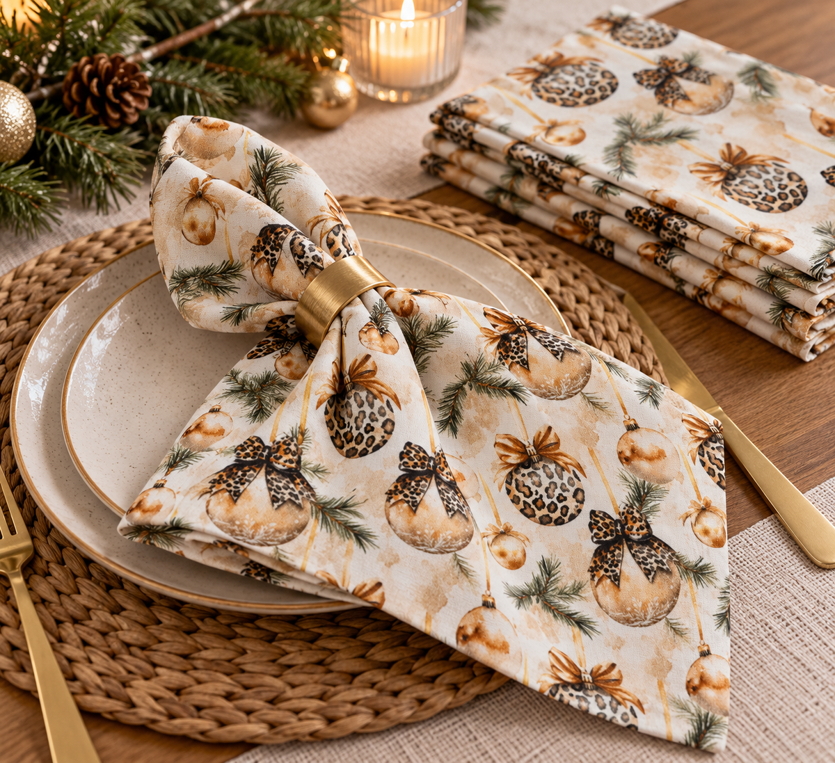 Premium 100 % Baumwollstoff – weihnachtliche Leoparden-Dekore