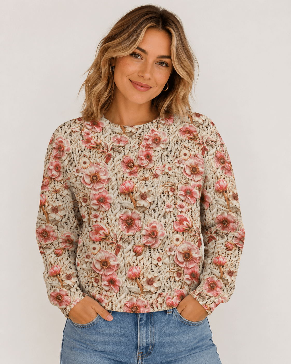 Bild von Alpenfleece-Stoff mit Blumen – warme Strickware – online erhältlich bei Šarlotes audumi