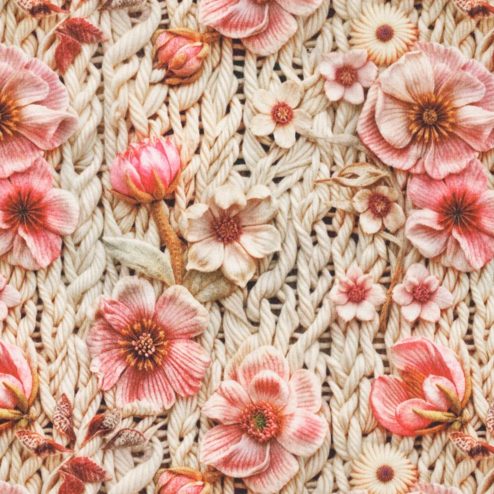 Bild eines Alpenfleece-Stoffs mit Blumen – warmer Strickstoff – online bei Šarlotes audumi erhältlich