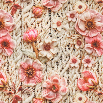 Bild eines Alpenfleece-Stoffs mit Blumen – warmer Strickstoff – online bei Šarlotes audumi erhältlich
