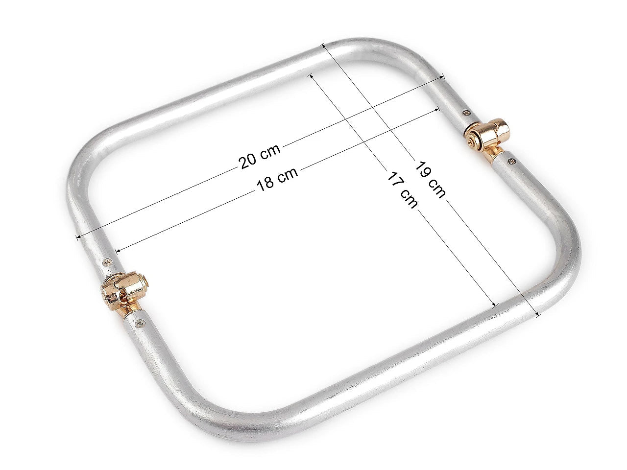 Bild eines Aluminium-Taschenrahmens mit goldfarbenem Verschluss 20 × 19 cm – erhältlich bei Šarlotes audumi