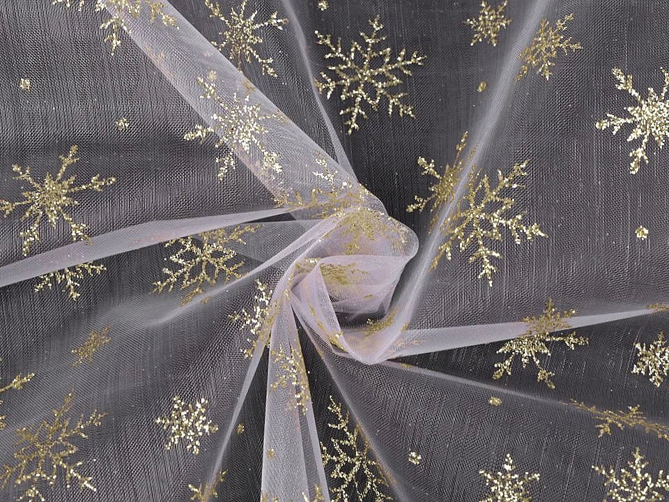 Organza blanche avec flocons de neige dorés scintillants – disponible en ligne chez Šarlotes audumi