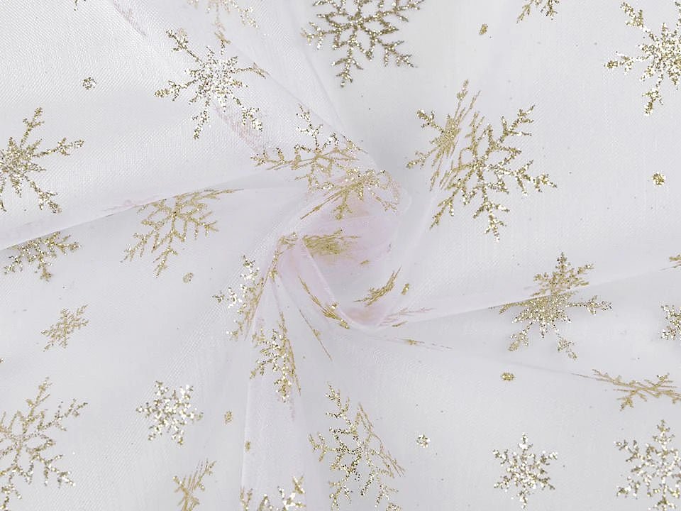 Image avec de l’organza blanc à flocons de neige dorés scintillants – disponible en ligne chez Šarlotes audumi
