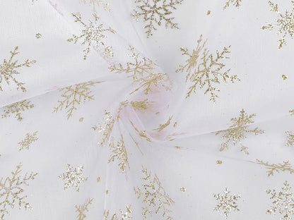 Image avec de l’organza blanc à flocons de neige dorés scintillants – disponible en ligne chez Šarlotes audumi