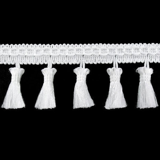 Attēls ar Bārkstīšu lente ar pušķīšiem 55 mm - balta – pieejams Šarlotes audumi