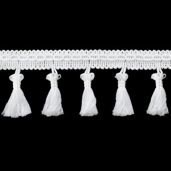 Attēls ar Bārkstīšu lente ar pušķīšiem 55 mm - balta – pieejams Šarlotes audumi