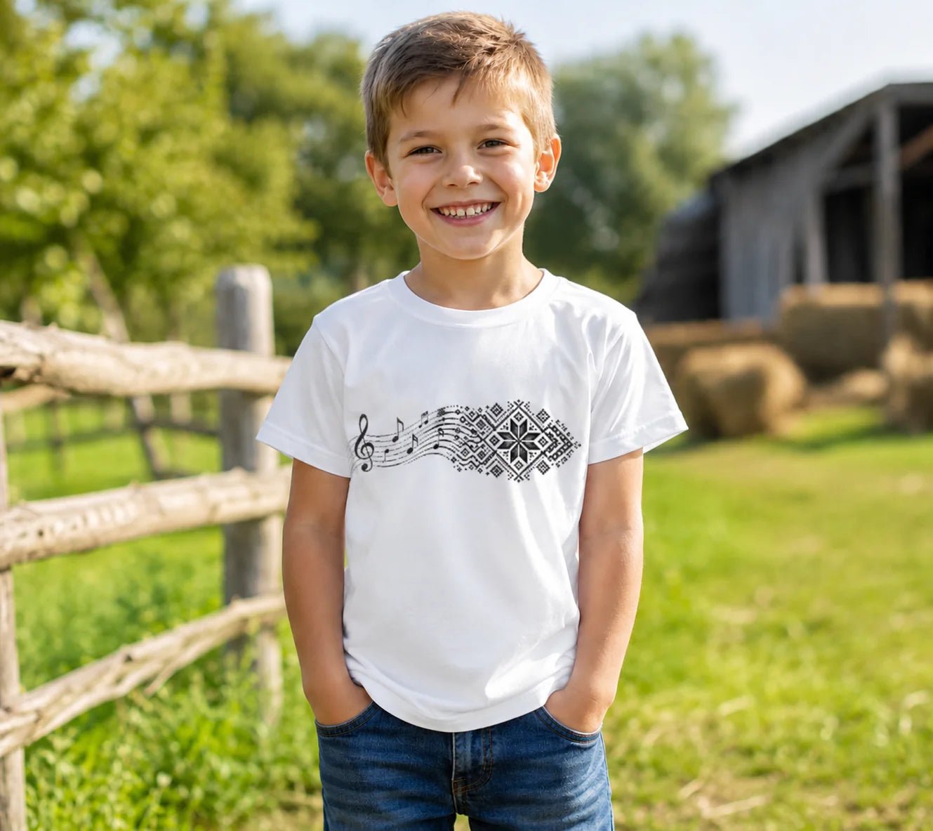Image of a children's cotton T-shirt "Musical notes and Latvian pattern design" – available at Šarlotes audumi
