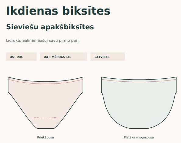 Bild mit KOSTENLOSEM Schnittmuster für Damenunterhosen als PDF | XS–2XL – online bei Šarlotes audumi