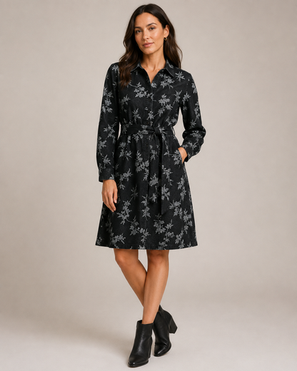 Jacquard-Jeansstoff mit Blumen – Schwarz